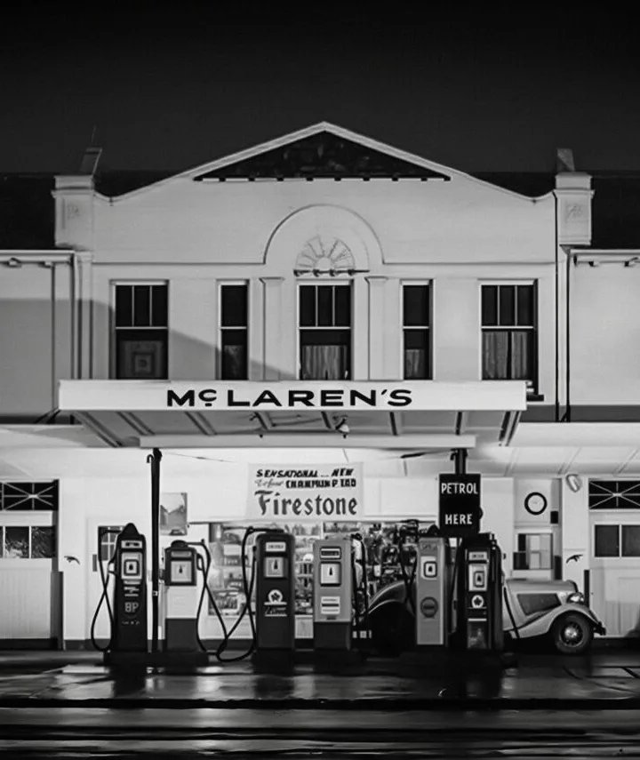 The McLaren's service station on Remuera Road in Auckland, run by Bruce McLaren's parents.